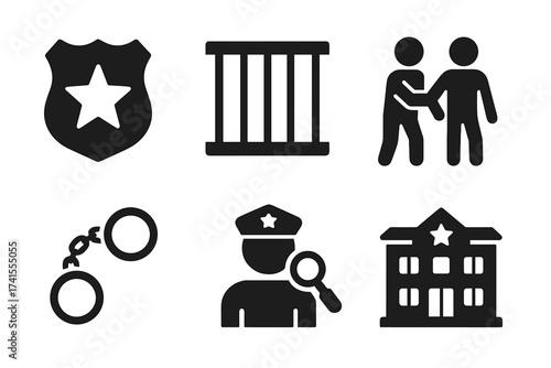 Police icon set. Law enforcement, justice and crime symbols. Vector glyph collection with badge, jail, arrest, investigation, handcuffs, and police station signs.