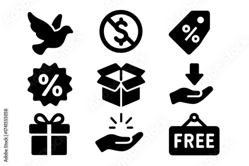 Free icon set for promotion and sales. Vector collection with discount, no dollar, complimentary, gratis, and gift symbols. Solid glyphs for e-commerce and marketing.
