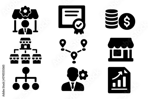 Franchise business glyph icon set. Concepts of franchisee, license, royalties, chain expansion, store network, shop. Vector icons for business model, franchisor, management, growth.