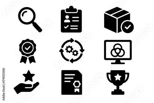 Quality control solid icon set. Vector collection with inspection, evaluation, product quality assurance, process, testing, and certification symbols for business standards.