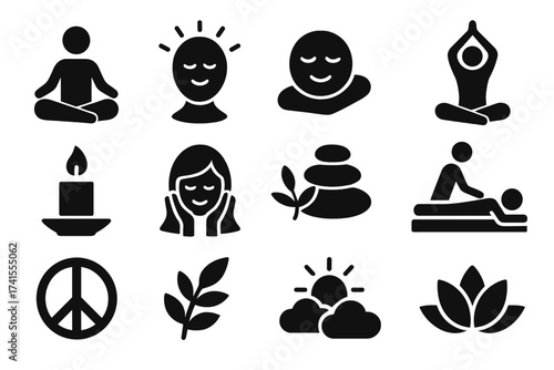 Relax and meditation icon set. Solid glyph symbols for yoga, spa, self-care, and wellness. Vector collection for calm, peace, and mental health concepts like massage or nature.