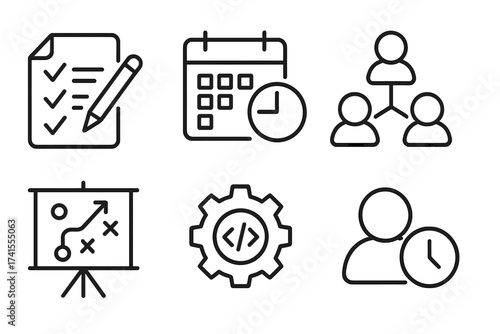 Project management line icon set. Business process, planning, schedule, and collaboration concept. Vector icons for workflow, development, time management, and strategy.
