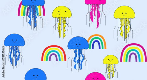 Cartoon jellyfish and rainbow pattern, light background