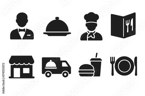 Restaurant icon set for food business and delivery service. Vector glyph symbols collection of chef, waiter, menu, dinner, fast food, storefront, and delivery truck concepts.