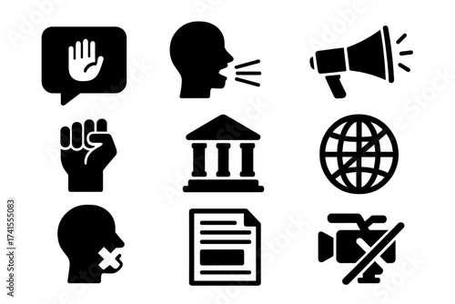 Freedom of speech icon set. Concepts of democracy, censorship, press, and human rights. Free speech, protest, activism, justice, and demonstration solid vector symbols.