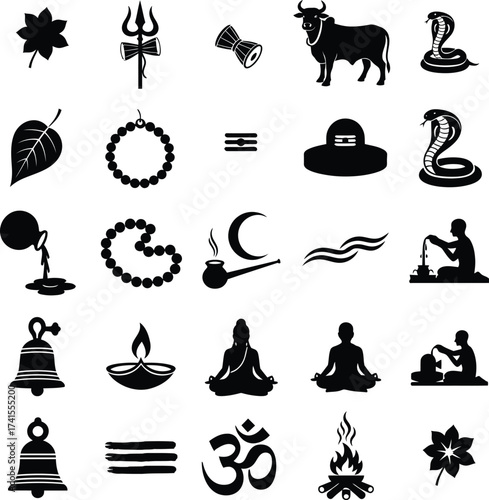 Maha Shivaratri puja icon set with Hindu god Shiva, Nandi, Lingam, Trishula, Rudraksha, Om. A spiritual collection of religious symbols for Hindu festival worship in silhouette.