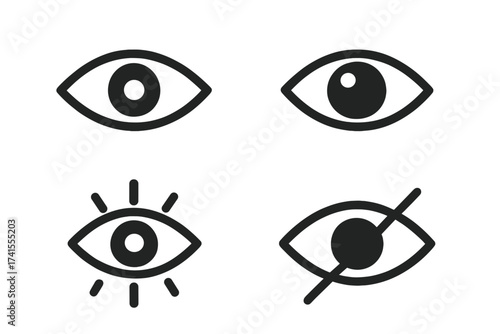Eye icon set. Vision and eyesight symbol collection. Simple flat vector illustration for UI design. Show, hide, and view password icon. Visible and invisible concept.