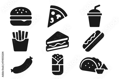 Fast food vector icon set. Solid glyph collection of junk food. Burger, pizza, hot dog, french fries, sandwich, soda, sausage, burrito, taco, nachos. Unhealthy eating.