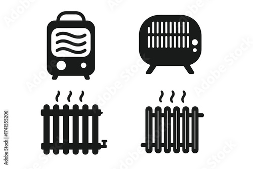 Heater vector icon set. Electric heating equipment symbols for home appliance & temperature control. Radiator, convector, portable fan heater pictogram. House heating system.