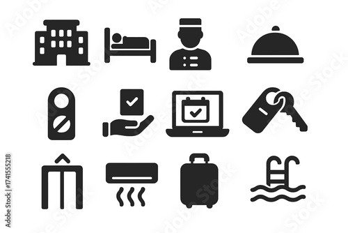 Hotel service vector icon set. Hospitality industry solid glyphs. Symbols for room service, online booking, facilities, reception, luggage, key, pool, elevator and more.