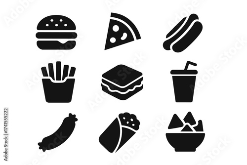 Fast food vector icon set. Solid glyph collection of junk food symbols including burger, pizza, hot dog, fries, sandwich, soda, sausage, burrito, taco, and nachos for menu.