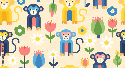 Playful pattern featuring stylized monkeys and diverse floral elements