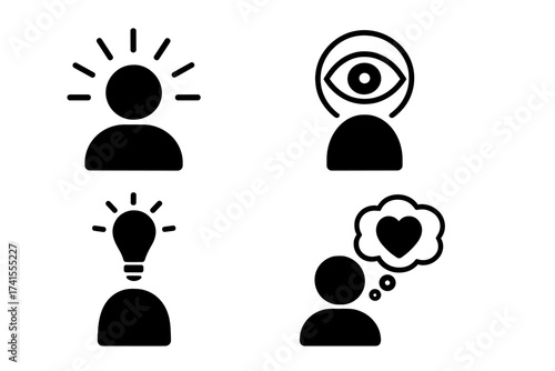 Awareness icon set vector illustration. Concepts for psychology, consciousness, mindfulness, perception, creativity, idea, empathy, feeling. Person, lightbulb, eye symbols.