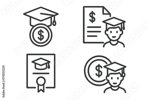 School fee icon set. Student loan, scholarship, tuition cost. Financial aid, college savings, university debt. Education investment, graduation finance vector line icons.