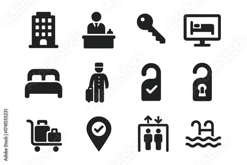 Hotel service icon set. Hospitality glyph symbols for booking, room service, and facilities. Vector collection with reception, bellboy, pool, elevator, and accommodation icons.
