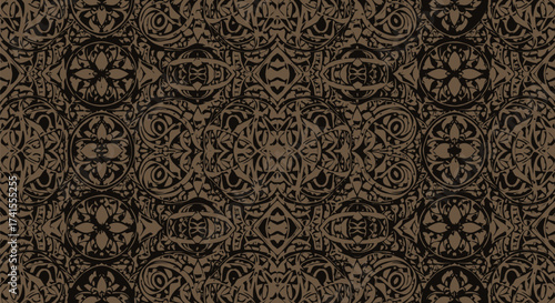 Dark, ornate repeating pattern of abstract floral and geometric shapes