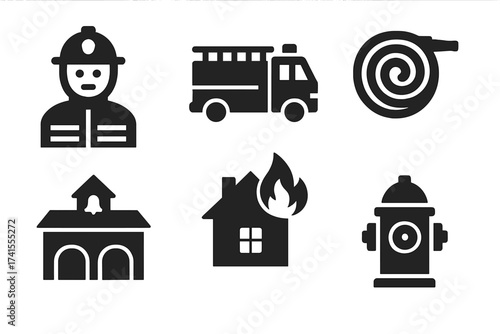 Firefighter icon set with solid glyphs. Collection includes fireman, fire truck, hose, station, house fire, and hydrant symbols. Vector graphics for emergency services and public safety.