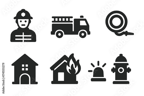 Firefighter solid glyph icon set. Contains fireman, fire truck, hose, fire station, house on fire, siren, hydrant. Firefighting vector collection for emergency, safety, and rescue.