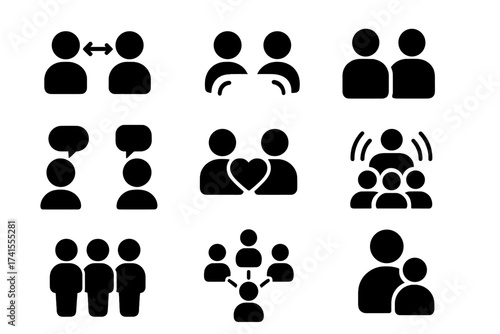 Human interaction solid glyph icon set. Communication, people, connection, friendship, chat, love, family, socializing, group, relationship, teamwork, network vector icons.