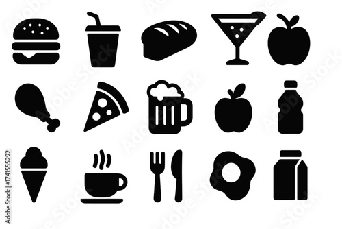 Food and drink glyph icon set. Solid vector icons of fast food, beverages, and meals. Contains burger, pizza, beer, cocktail, coffee, soda. For restaurant menu and web design.