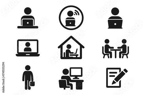 Freelance and remote work solid icon set. Vector pictograms for business concepts like home office, online meeting, self-employed worker, client interview and entrepreneur.