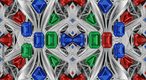 Kaleidoscopic pattern with colored gems and metallic tracery