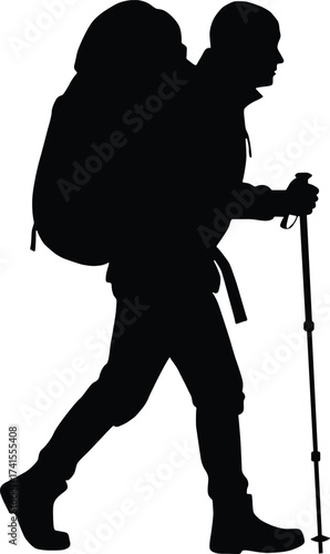 Silhouette of a hiker with a large backpack and trekking poles isolated on white background
