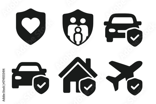Insurance icon set with health, life, family, car, home, and travel assurance symbols. Solid vector glyph collection for protection, security, and policy coverage concepts.
