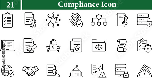 Collection of compliance icons isolated on transparent background, representing various aspects of legal and regulatory adherence, security, and documentation