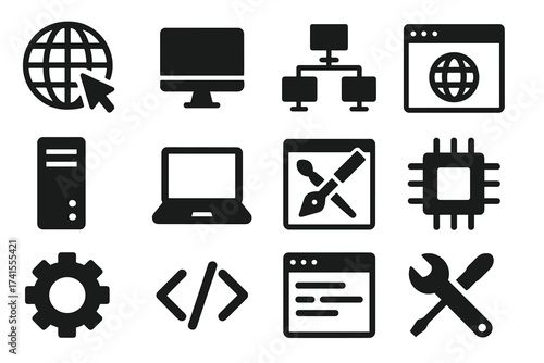 Technology vector icon set. Solid glyph icons for internet, computer, network, website, server, and web design. Contains hardware, software, and programming symbols.