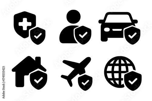 Insurance icon set. Solid glyphs for health, life, car, home, travel, and global coverage. Vector symbols of protection, security, assurance, and policy for finance services.