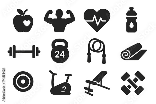Gym and fitness solid icon set. Vector collection of healthy lifestyle, weight training, body care and exercise equipment pictograms. Bodybuilding, cardio and workout symbols.