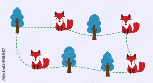 Cartoon foxes and trees follow dotted path