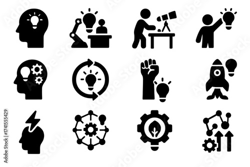 Innovation icon set with creativity, invention, prototype, visionary, idea generation, agile, and revolution. Solid vector icons for technology, growth, and brainstorming.