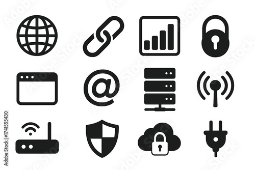 Internet solid glyph icon set. Vector collection of web pictograms. Website, link, data, online, domain, technology, modem, VPN, hosting, connection, server, security.