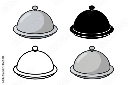 Restaurant cloche icon set. Food cover serving tray for fine dining. Vector illustration of a dinner platter dome in flat, silhouette, and line art styles for catering.