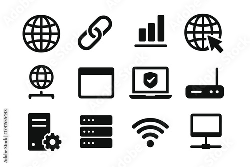 Internet and web technology solid glyph icon set. Vector symbols for website, data, link, online connection, domain, modem, VPN, hosting, and server. For network & security.