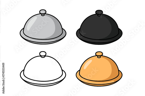 Restaurant cloche icon set vector. Food serving dome collection. Silver, gold, black and outline serving platter lid for gourmet dining, hotel service or catering business.