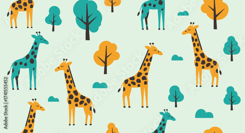 Pattern of giraffes and trees. Giraffes are orange or teal with spots, on a pale green background