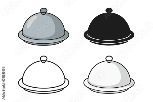 Restaurant serving cloche icon set. Food platter cover and tray dome in cartoon, silhouette, and line art styles. Vector for catering, kitchen, hotel service, and gourmet meals.