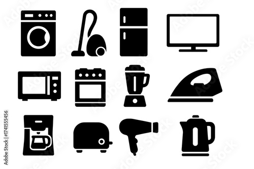 Household equipment solid icon collection. Home appliance and kitchen electronics vector glyph set. Includes washing machine, vacuum, fridge, TV, microwave, stove, blender.