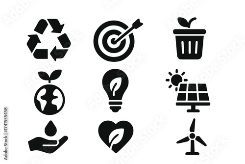 Sustainability solid glyph icon set. Vector collection of eco friendly symbols. Contains recycled, zero waste, green energy, solar panel, wind power, save water, conservation goal.