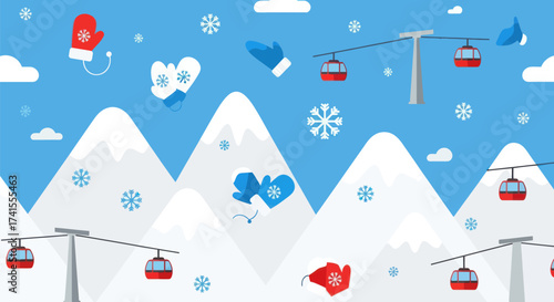 Snowy mountain scene with red gondolas, mittens, clouds, and snowflakes on blue background in flat design