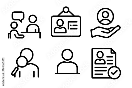Human resources and job recruitment vector line icon set. Icons for hiring, employment, job interview, vacancy, candidate search, headhunting, and approved resume or cv.