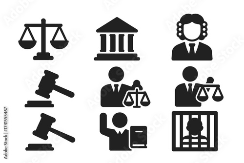Justice icon set for law and legal system. Vector symbols for court, lawyer, judgment, authority, criminal, and prison. Contains judge, gavel, scales of justice. Solid glyphs.
