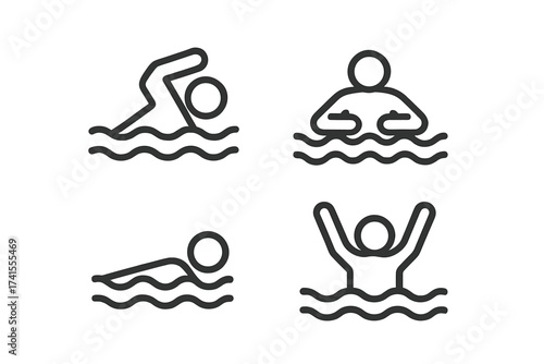 Swimming and water activity line icon set. Swimmer, crawl, backstroke, drowning vector symbols. Summer vacation, beach safety, pool sport pictogram for leisure concept.