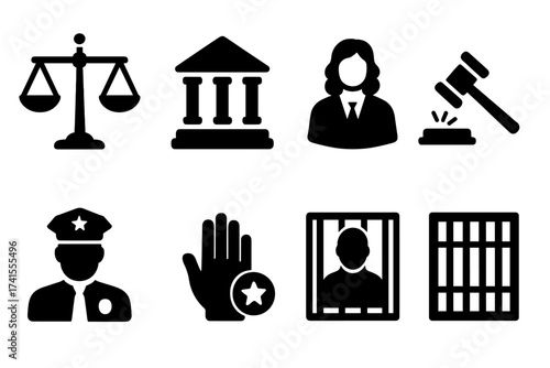 Justice and law icon set with legal symbols. Vector collection of courthouse, judge, gavel, police, prisoner, and jail icons. For concepts of crime, judgment, and authority.