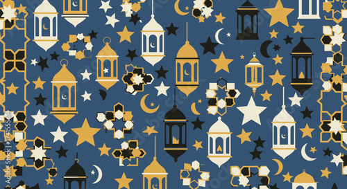 Flat vector pattern of lanterns, stars, crescents, geometric art on blue