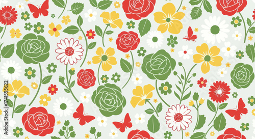 Floral pattern with roses, daisies, and butterflies on a pale background