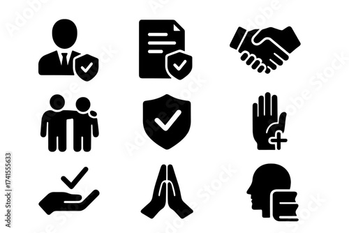Trust and honesty glyph icon set. Contains symbols for confidence, credibility, promise, trustworthy, integrity, ethics, agreement, deal, security, safety, and friendship.